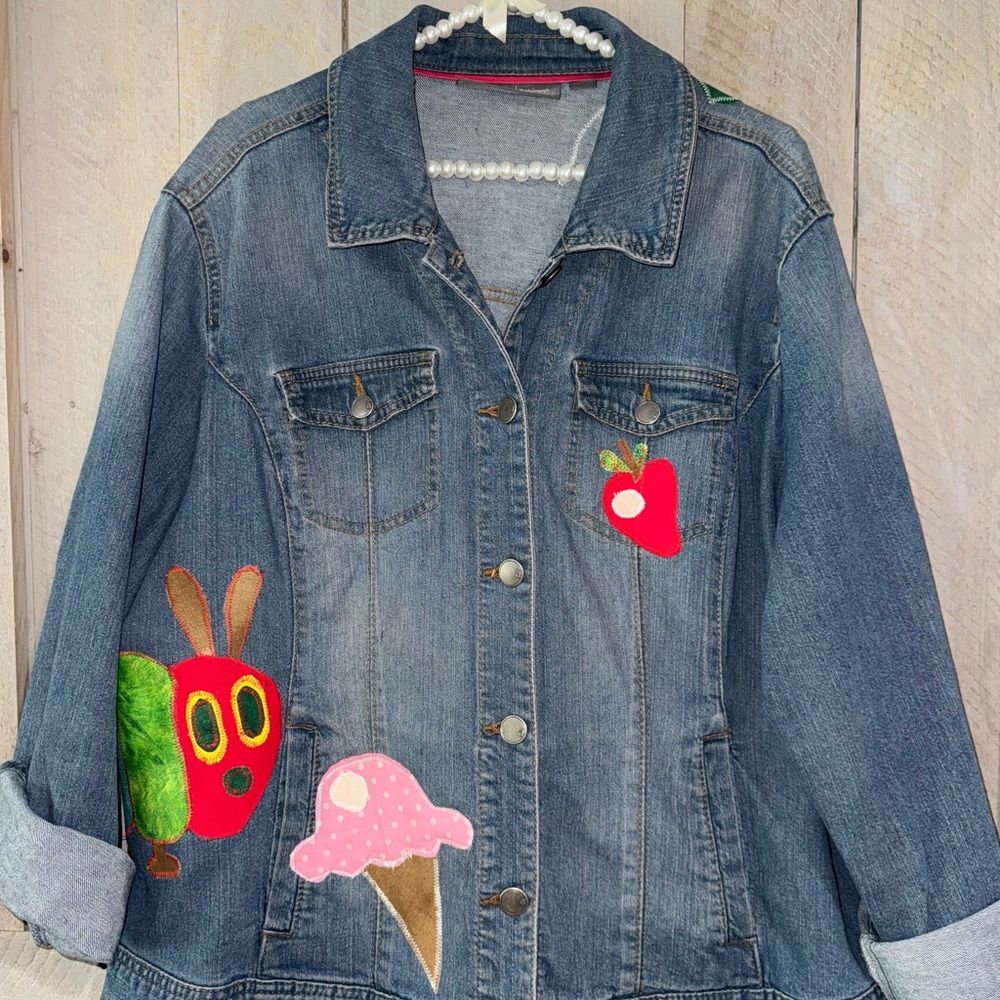 Women's Blue Denim Jacket with Colorful Patches The Very Hungry Caterpillar